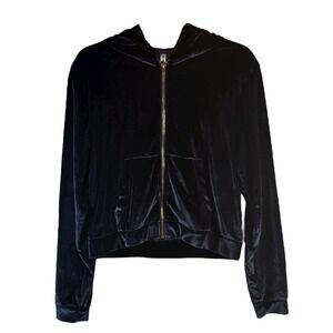 Fabletics Womens Sz M Velvet Velour Hoodie Zip Up Jacket Navy Blue Gold Hardware